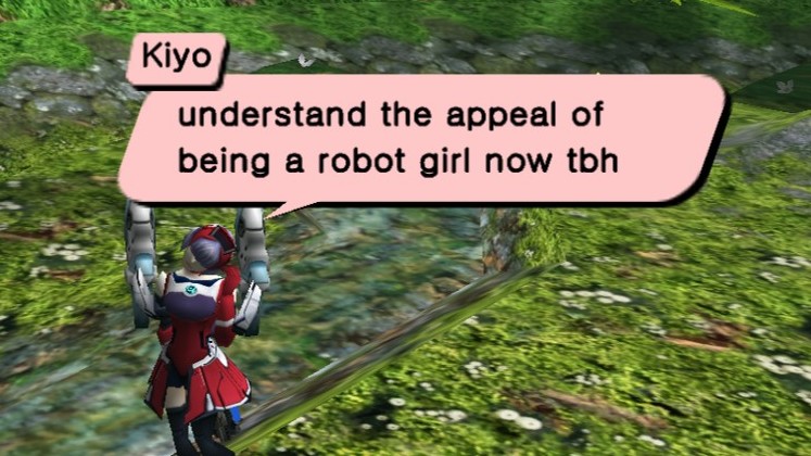 It is an image of a Racaseal player named Kiyo in Phantasy Star Online saying, "understand the appeal of being a robot girl now tbh"